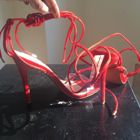 Clear and Red lace up stilettos - Picture 5 of 5